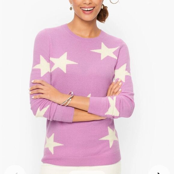 Talbots Cashmere Crewneck Sweater Star Print Lilac Soft Luxury size S Excellent - Picture 3 of 9